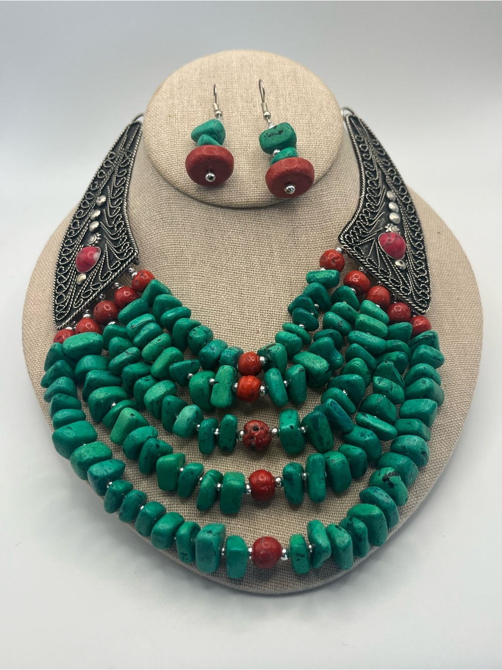 Middle Eastern Style Teal and Red Bead Statement Necklace Set